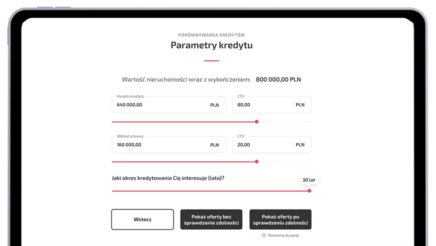 Zrzut ekranu kalkulatora wkładu własnego